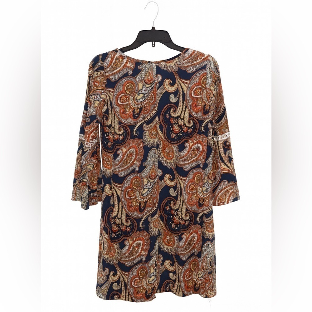 SJS Women’s Size Small Blue & Orange Paisley Shift Dress Split Sleeves Lace Band - Picture 2 of 2